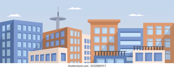 Torre de la ciudad con la ilustración del edificio. Apartamento paisaje urbano. Horizonte Urbana. Distrito de negocios. Área de negocio. Área metropolitana. Países desarrollados. Distrito de la Gran Compañía. Empresa emergente. 