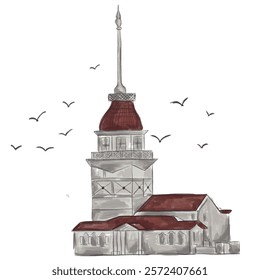 city, tower. Maiden's Tower watercolor painting