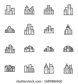 City, Town, Building Icon Set. Simple Downtown, Skyscraper, Metropolis Line Icon Sign Concept. Vector Illustration. 