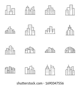 City, town, building icon set. Simple downtown, skyscraper, metropolis thin line icon sign concept. vector illustration. 