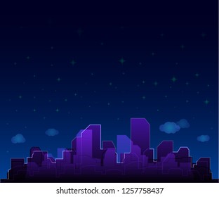 City town building silhouette with star and cloud blue sky at night. Cityscape art design background vector 