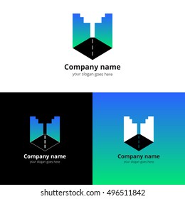 City, town, buildings, industrial symbol in the letter U. Logo, icon, sign, emblem vector template. Abstract symbol and button with blue-green gradient for business, buildings, town firm or company.