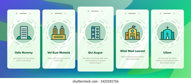 City, Town Buildings Vector Onboarding Mobile App Page Screen. High Rise, Multi Storey Buildings, Skyscraper Facades. Office Centers, Apartment Houses, Malls Outline Isolated
