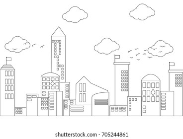 City, Town and Countryside in Linear Style - buildings, skyscraper.Vector illustration
