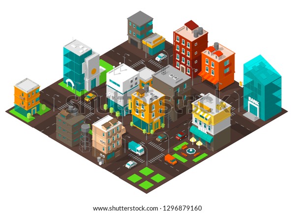 City\
town district street Isometric Intersection road 3d. Very high\
detail projection view. Cars end buildings top\
view.