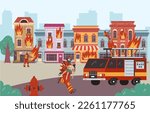 City town fire burning. Firefighter truck with water concept. Vector graphic design illustration
