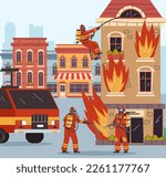 City town fire burning. Firefighter truck with water concept. Vector graphic design illustration
