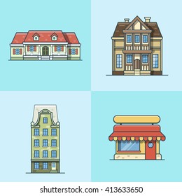 City town house cafe restaurant architecture building set. Linear stroke outline flat style vector icons. Multicolor line art icon collection.