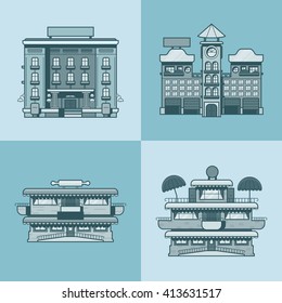 City town houses hotel cafe restaurant terrace bakery architecture building set. Linear stroke outline flat style vector icons. Monochrome icon collection.