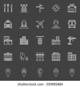 City or town icons - vector collection of map linear symbols or city logo elements on dark background