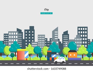 city town lanscape concept, building set background, road, office, condo, daytime, Isolated color flat vector design