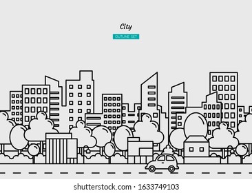 city town lanscape concept, building set background, road, office, condo, outline background, Isolated flat vector design