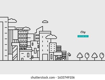 city town lanscape concept, side building set, office, condo, daytime, background, outline object, Isolated flat vector design