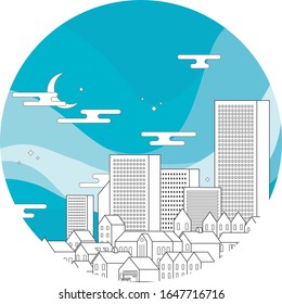 City town metropolis architecture buildings skyline downtown urban landscape background panorama sky  night moon line art