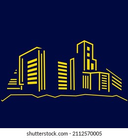 City town night lights line art design skyline with buildings, towers. Cityscape glowing neon, architecture vector illustration.