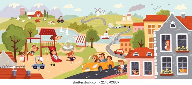 City, town panoramic view. Kids play in the yard. Suburban area landscape. Colorful european city. Summer activities outdoors. Green colorful neighborhood with residential houses, green fields, river.