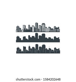 City town skyline horizontal banner. Black, gray and white silhouette of city town. Vector template for your design.