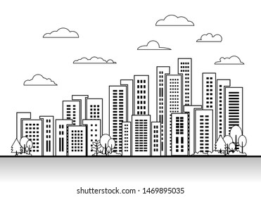 City town vector on white background, line building landscape design elements set, Black graphic cityscape illustration, Flat graphic urban and tree