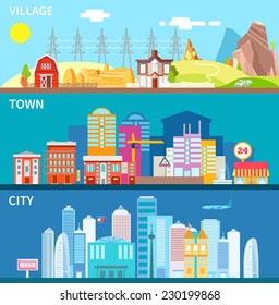 City, Town And Village Landscapes In Modern Flat Primitive Style. Vector Illustration In Bright Colors