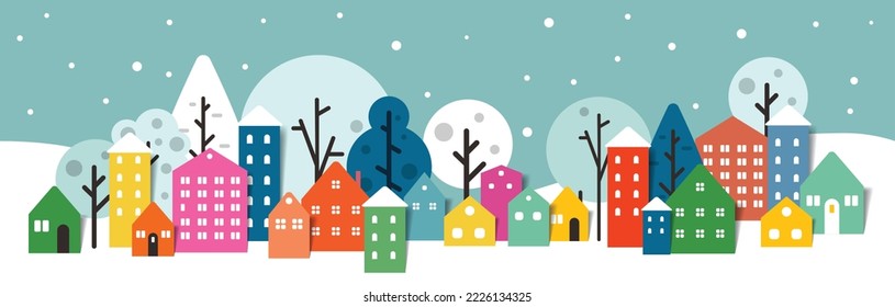 Vista panorámica de la ciudad, el invierno de la ciudad. El paisaje de las casas. Ilustración de corte de papel Vectro.