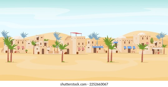 The city of traditional Arabian buildings. Islamic architecture. Huts in hot Arab lands. Vector illustration