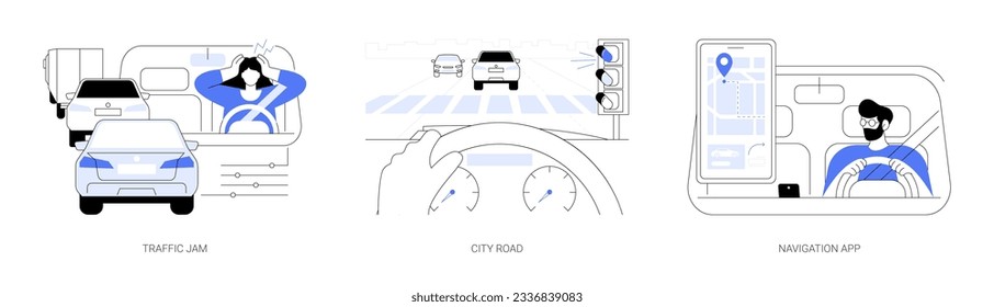 Stadtverkehr abstraktes Konzept Vektorgrafik Set. Verkehrsstau, rote Ampel, Stadtstraßen, Online-Navigations-App auf Smartphone, Routenplan, städtischer Autoverkehr, abstrakte Metapher zur Straßenkapazität.