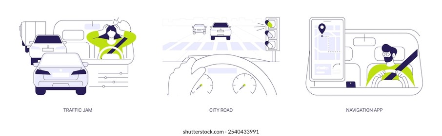 Conjunto de ilustração vetorial de conceito abstrato de tráfego urbano. Engarrafamento, luz vermelha, estradas da cidade, aplicativo de navegação on-line no smartphone, mapa de rotas, transporte de carro urbano, metáfora abstrata de capacidade de rua.