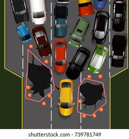 City traffic background with top view cars images. Editable vector illustration in modern flat style. Square layout useful for print, brochure, leaflet or poster design. Automotive collection.