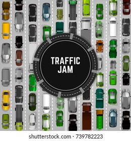 City traffic background with top view cars images. Editable vector illustration in modern flat style. Square layout useful for print, brochure, banner, leaflet or poster design. Automotive collection.