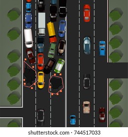 City traffic background with top view cars images. Editable vector illustration in modern flat style. Square layout useful for print, brochure, leaflet or poster design. Automotive collection.