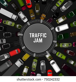 City traffic background with top view cars images. Editable vector illustration in modern flat style. Square layout useful for print, brochure, banner, leaflet or poster design. Automotive collection.
