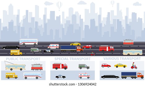City traffic background with transport vehicles. City infographics design elements set with buildings, road, transport, people icons set. Transportation infographic.
