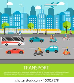 City traffic background with transport vehicles. Set of transportation  icons with motorcycle, bus, bicycle, cars and other transport, people, road. City life and urban landscape vector illustration 