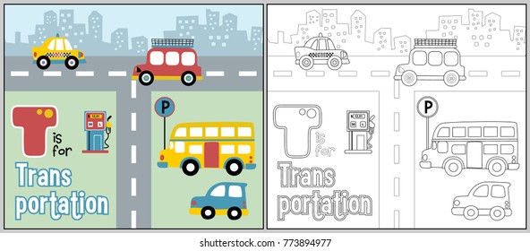 City traffic cartoon with colorful vehicles, coloring book or page