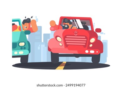 City Traffic Confrontation. Vector illustration of two cars in a city setting, with angry drivers showing frustration and engaging in road rage.