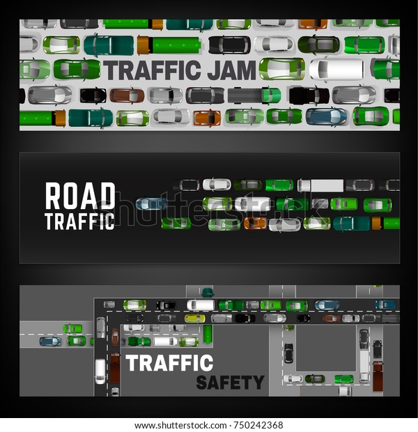 City traffic digital banners with top view\
cars images. Editable vector illustration in modern flat style.\
Landscape layout useful for print, web, leaflet or poster design.\
Automotive collection.
