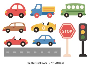 City Traffic Elements Set, Cute Flat Vector Cars Road and Traffic Light Clipart