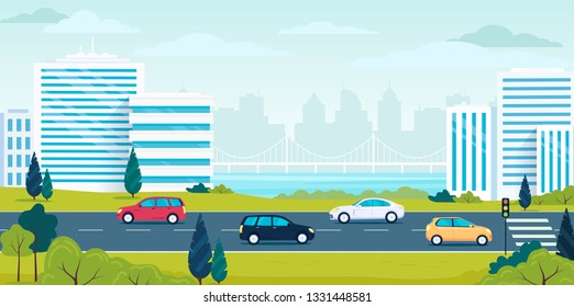 City Traffic Highway Transport And Cityscape Vector Illustration