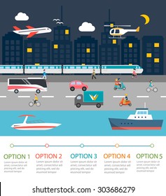 City traffic infographics design elements. With plane, helicopter, train, cyclists, scooter riders, truck, bus, motor boat, vector illustration