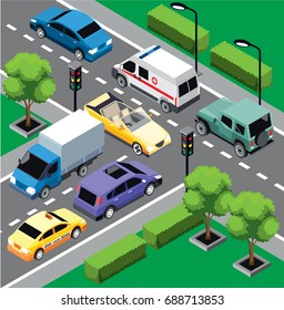 City traffic isometric concept with different moving cars on road intersection vector illustration
