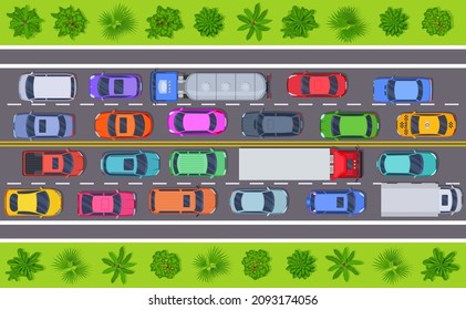 City traffic jam. Car rushing, transportation problems on highway. Bus, taxi, trucks stand on road. Vehicle group and garden elements, exact vector background