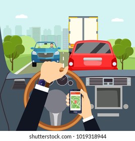 City traffic jam. Man hands of a driver on steering wheel of a car. Vector flat illustration.