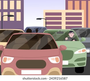 City traffic jam and sleepy driver. Driving car slow moving in urban auto flow. Vector illustration EPS10