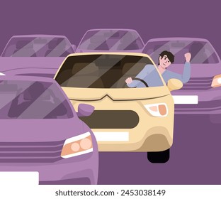 City traffic jam and sleepy driver. Driving car slow moving in urban auto flow. Vector illustration EPS10