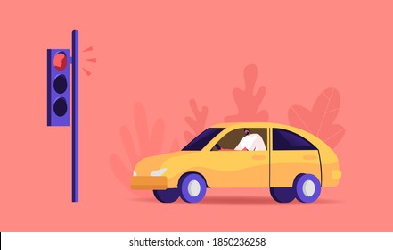 City Traffic, Man Driving Car Stand on Traffic Light. Urban Transport on Speedway, Male Character Dweller Riding Yellow Sedan Automobile, Citizen Route, Transportation. Cartoon Vector Illustration