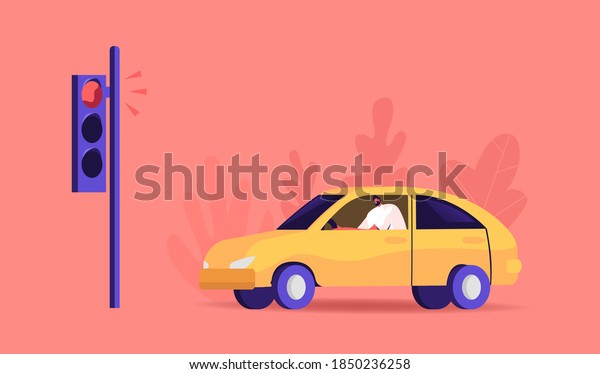 City Traffic, Man Driving Car Stand on
Traffic Light. Urban Transport on Speedway, Male Character Dweller
Riding Yellow Sedan Automobile, Citizen Route, Transportation.
Cartoon Vector
Illustration