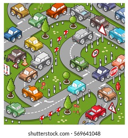 City traffic on the streets, many miniature cars driving around curves (vector cartoon)