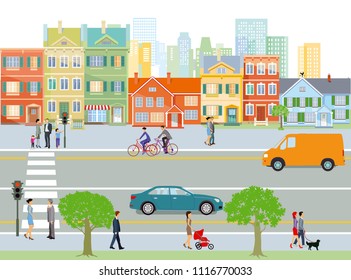 City with traffic and pedestrians, illustration