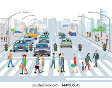 City with traffic and pedestrians on the sidewalk