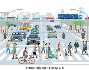 City with traffic and pedestrians on the sidewalk